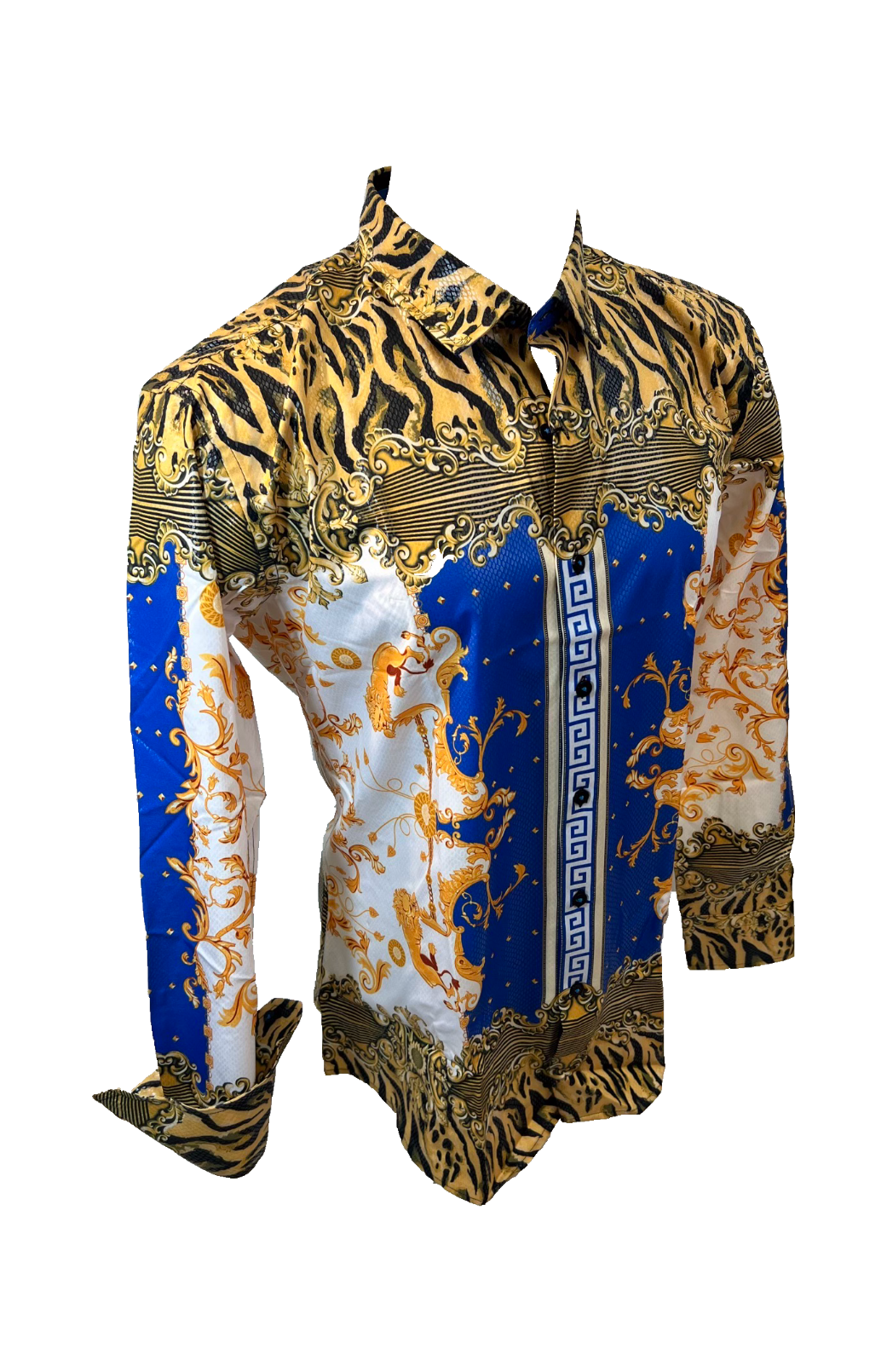 Men's Long Sleeve Button Down Dress Shirt Blue White Gold Leopard Tribal Geometric