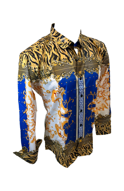 Men's Long Sleeve Button Down Dress Shirt Blue White Gold Leopard Tribal Geometric