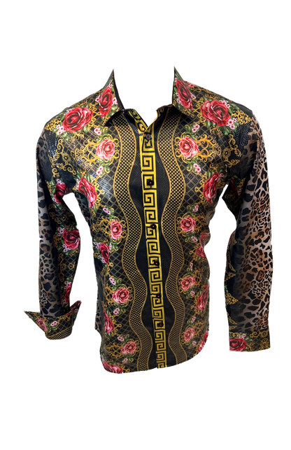 Men's Long Sleeve Button Down Dress Shirt Floral Rose Leopard Sleeves Black Red Gold