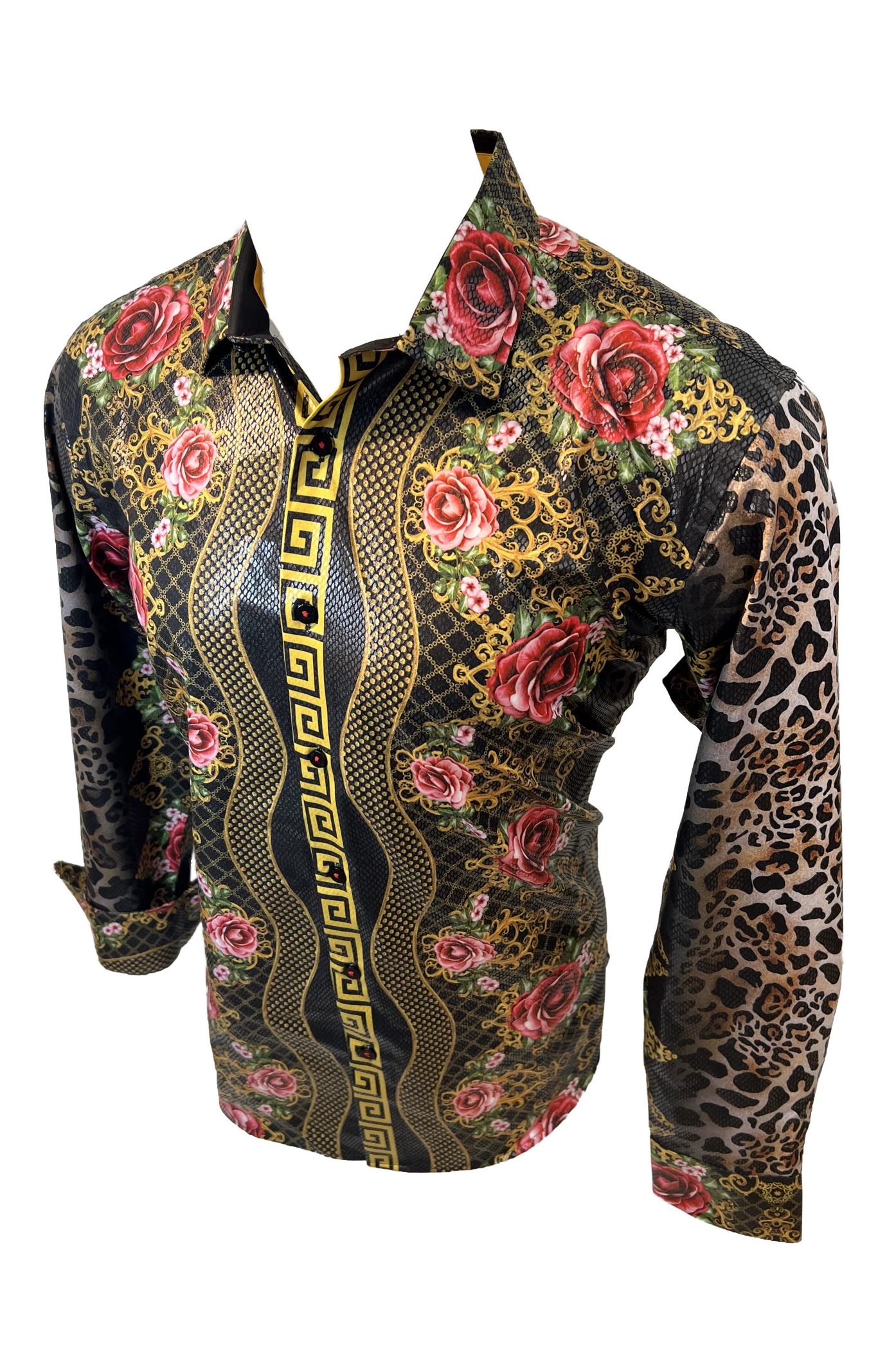 Men's Long Sleeve Button Down Dress Shirt Floral Rose Leopard Sleeves Black Red Gold