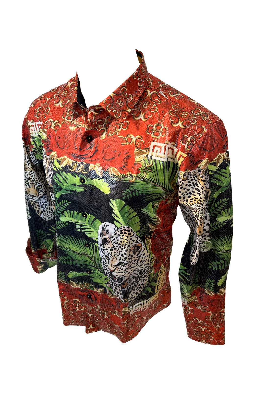Men's Long Sleeve Button Down Dress Shirt Cheetah Leopard Black Red Gold Floral Rose