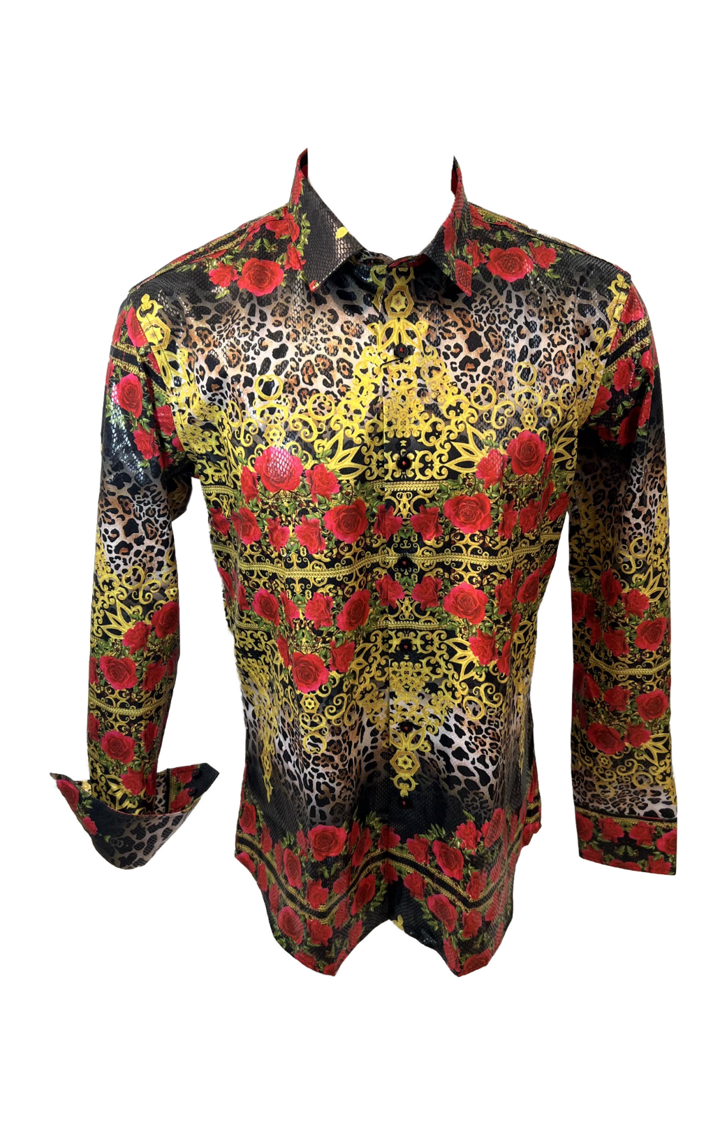 Men's Long Sleeve Button Down Dress Shirt Black Red Gold Floral Rose Garden Leopard Geometric