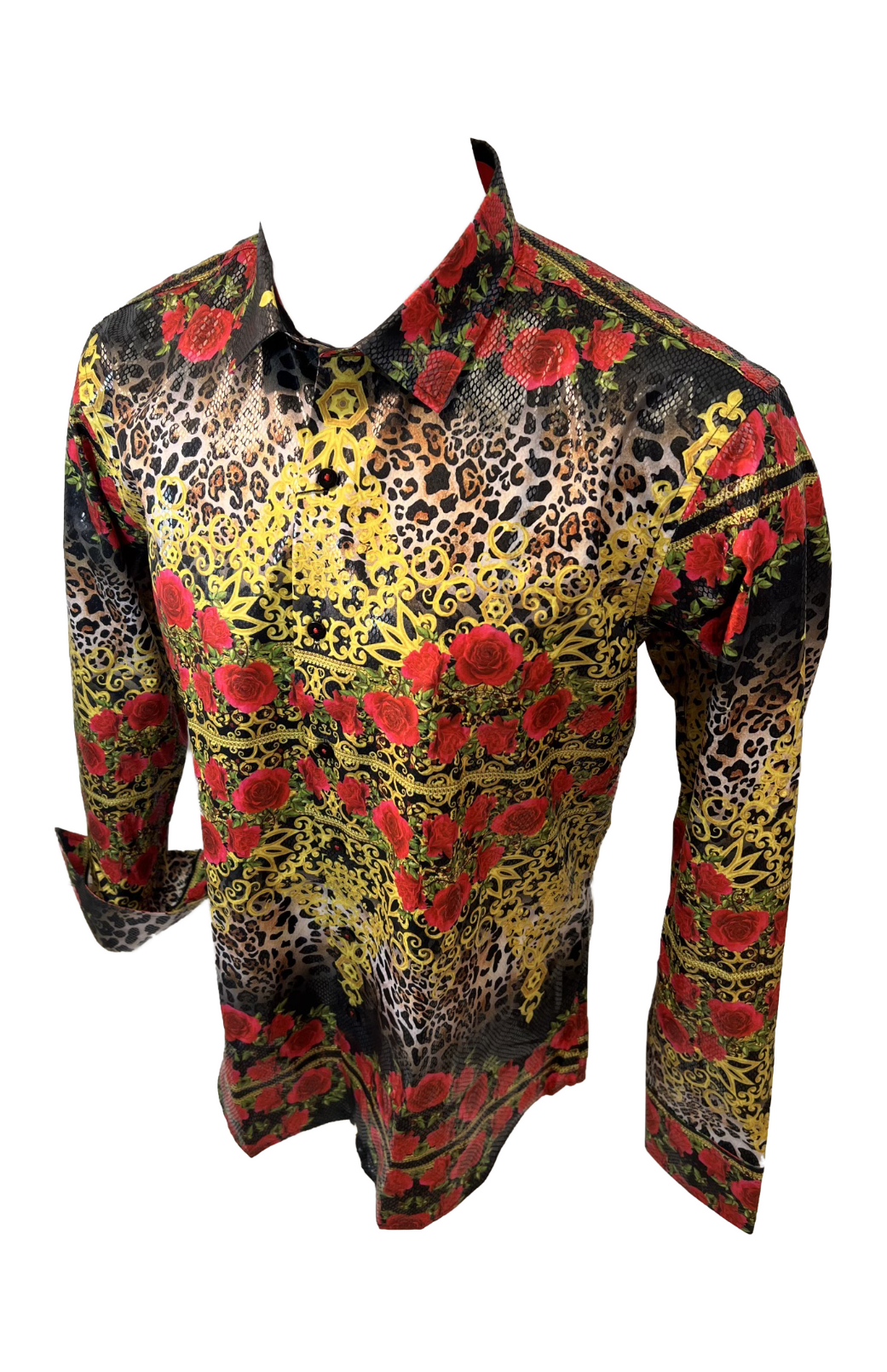 Men's Long Sleeve Button Down Dress Shirt Black Red Gold Floral Rose Garden Leopard Geometric