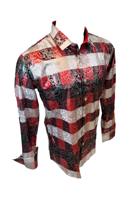 Men's Long Sleeve Button Down Dress Shirt Silky Red White Black Silver Paisley All Over Print