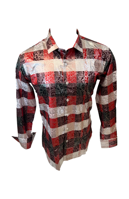 Men's Long Sleeve Button Down Dress Shirt Silky Red White Black Silver Paisley All Over Print