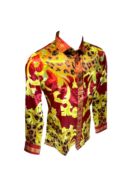 Men's Silky Long Sleeve Button Down Dress Shirt Red Gold Leaf Leopard Print