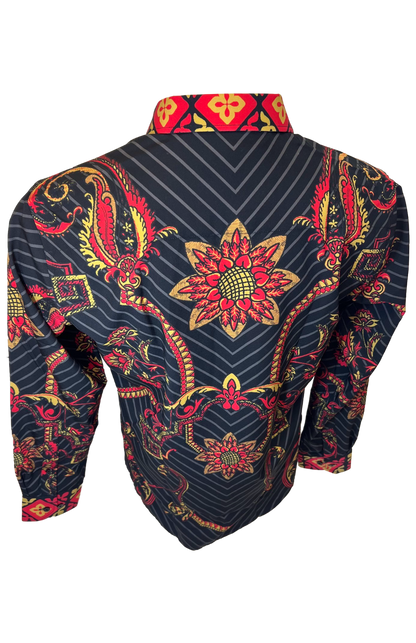 Men's Long Sleeve Button Down Dress Shirt Black Red Gold Geometric Floral Tribal