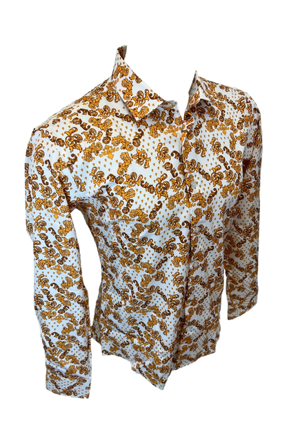 Men's Long Sleeve Button Down Dress Shirt White Yellow Brown All Over Floral Design