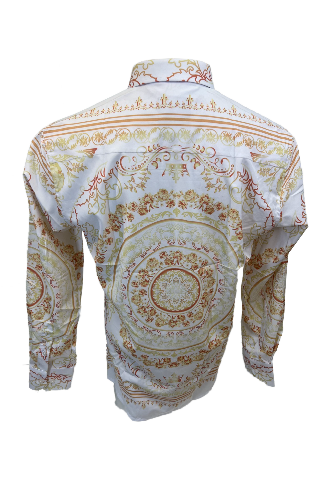 Men's Silky Long Sleeve Button Down Dress Shirt White Gold Colorful Floral Leaf Tribal Chain