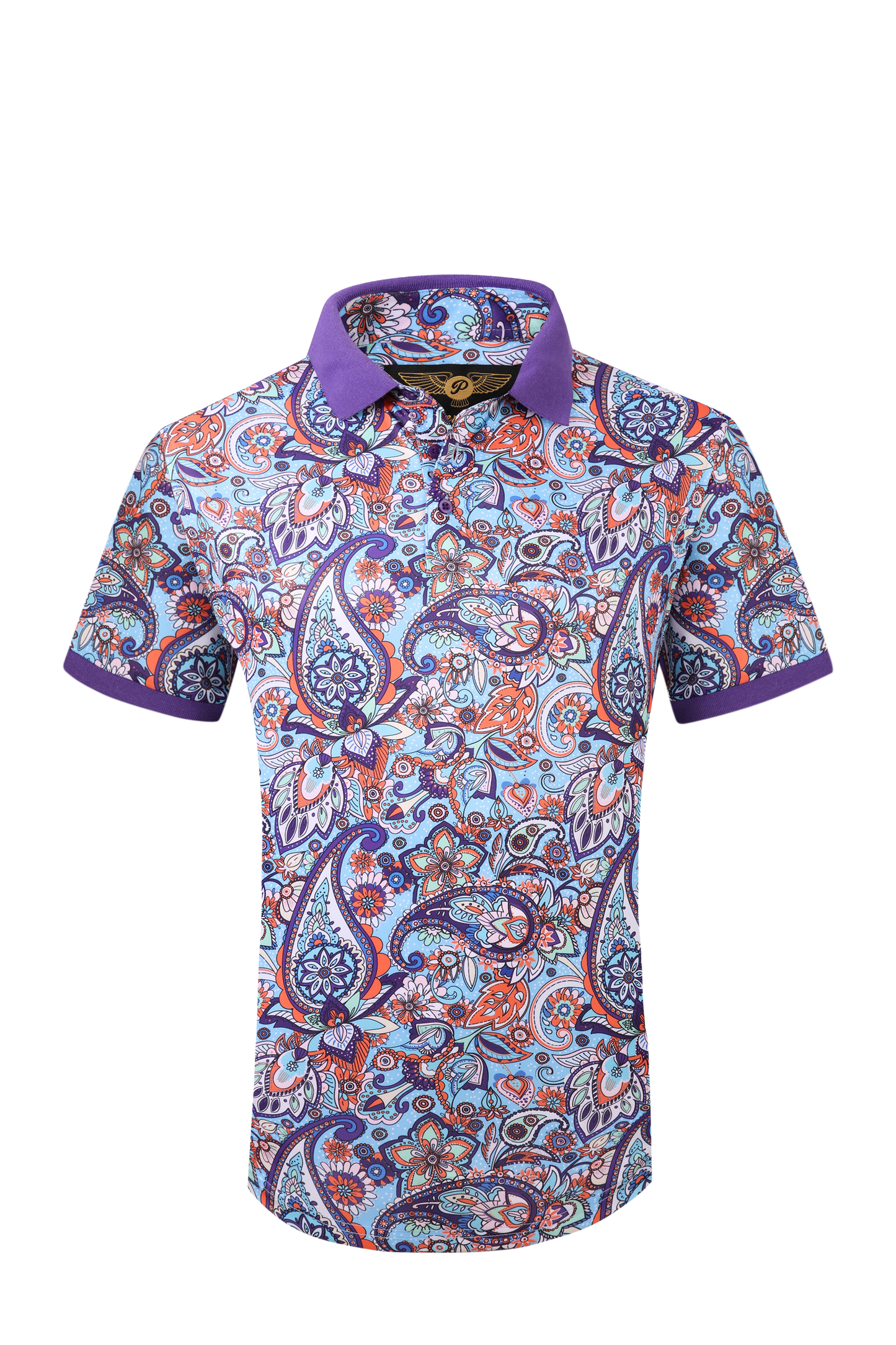 Mens Silky Premiere Polo Short Sleeve Shirt Purple Blue Colorful Paisley Casual Golf Shirt