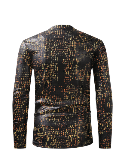 Men PREMIERE SLIM FIT Long Sleeve T SHIRT BLACK GOLD REPTILE CROCODILE SKIN PRINT Designer Shirt