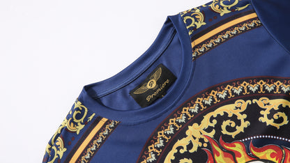 Men PREMIERE SLIM FIT Short Sleeve T SHIRT NAVY BLUE GOLD SKULL FIRE PRINT Designer Shirt