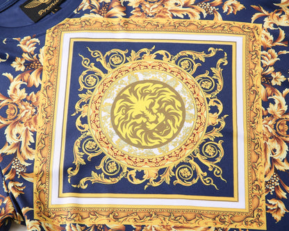 Men PREMIERE SLIM FIT Long Sleeve T SHIRT NAVY BLUE WHITE GOLD LION PRINT Designer Shirt