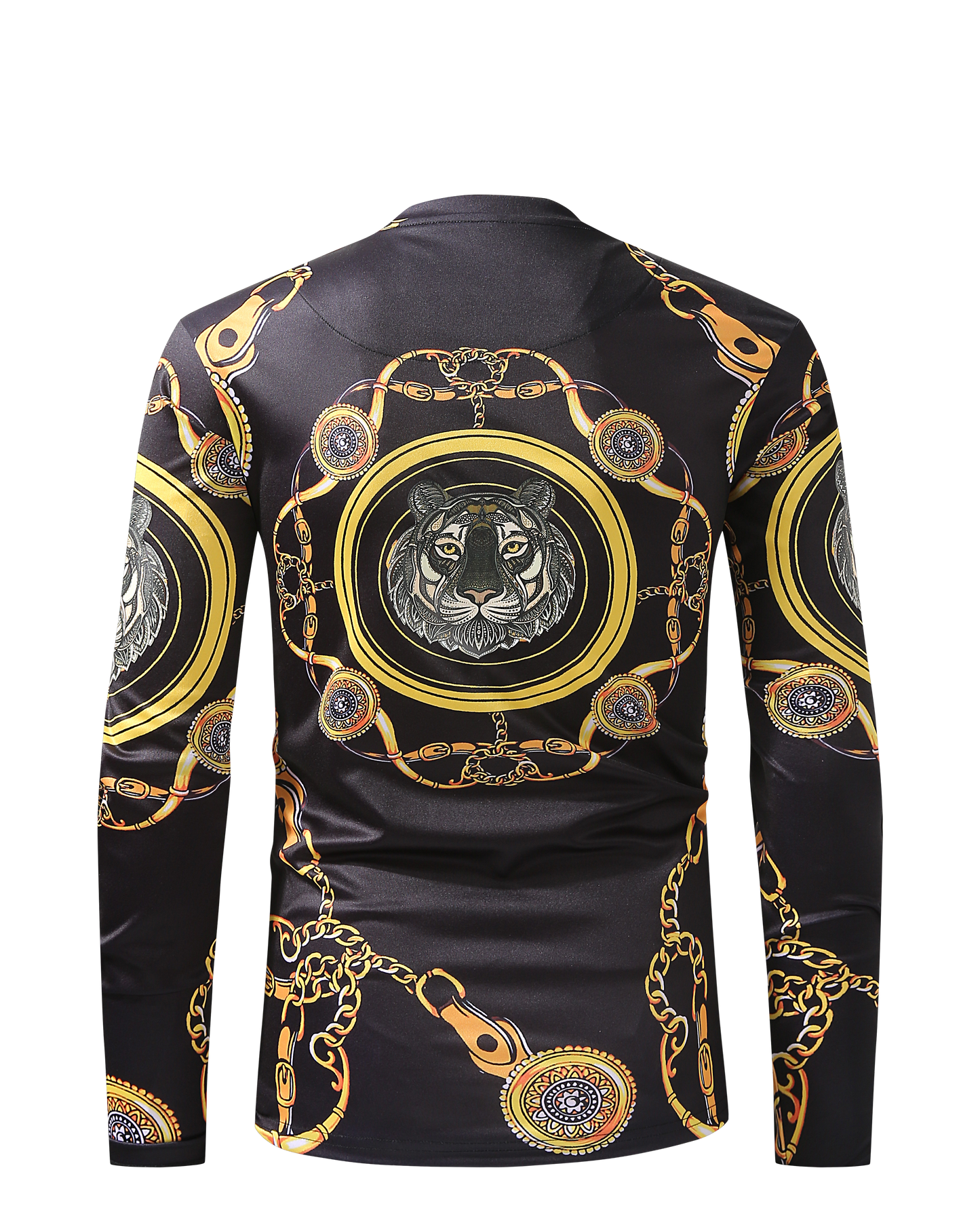 Men PREMIERE SLIM FIT Long Sleeve T SHIRT BLACK GOLD KING LION CHAIN PRINT Designer Shirt