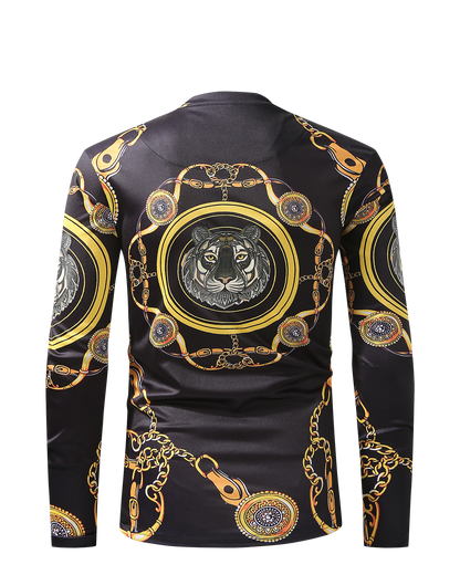 Men PREMIERE SLIM FIT Long Sleeve T SHIRT BLACK GOLD KING LION CHAIN PRINT Designer Shirt