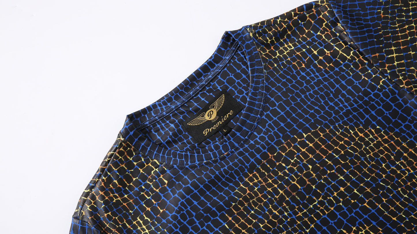 Men PREMIERE SLIM FIT Short Sleeve T SHIRT BLACK BLUE GOLD REPTILE CROCODILE SKIN PRINT Designer Shirt