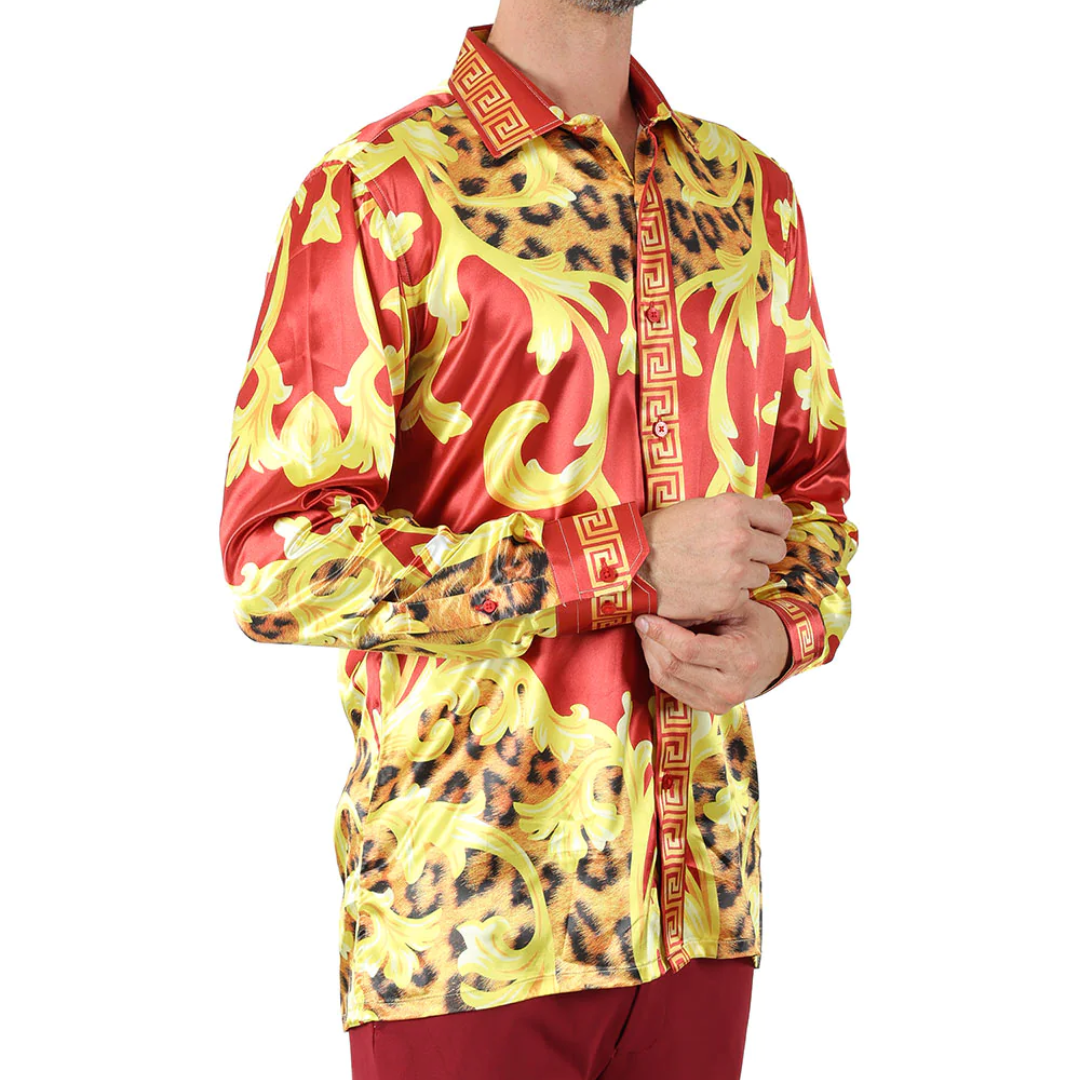 Men's Silky Long Sleeve Button Down Dress Shirt Red Gold Leaf Leopard Print