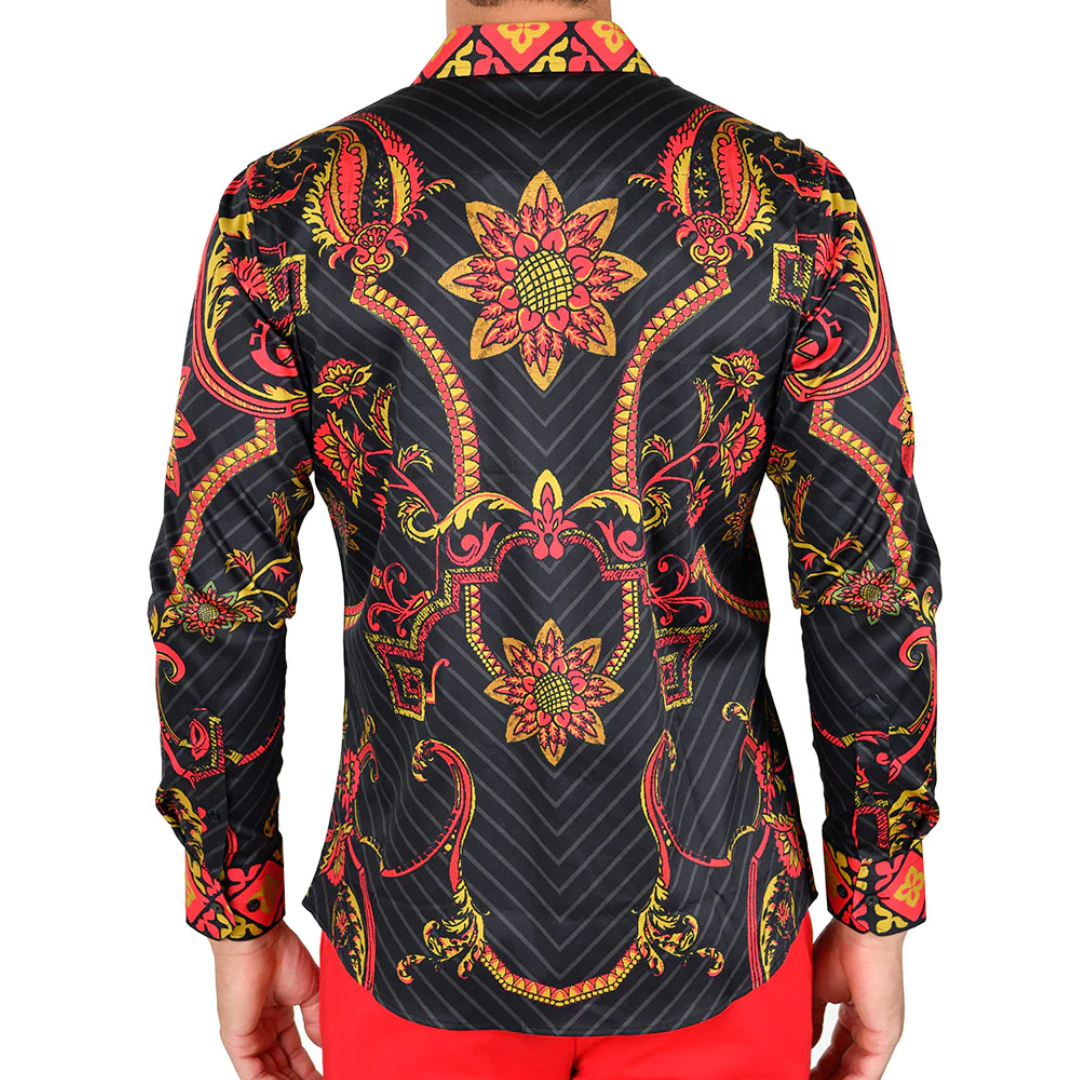 Men's Long Sleeve Button Down Dress Shirt Black Red Gold Geometric Floral Tribal