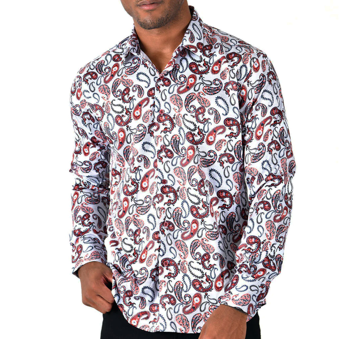 Men's Long Sleeve Button Down Dress Shirt Red White Black Paisley All Over Print