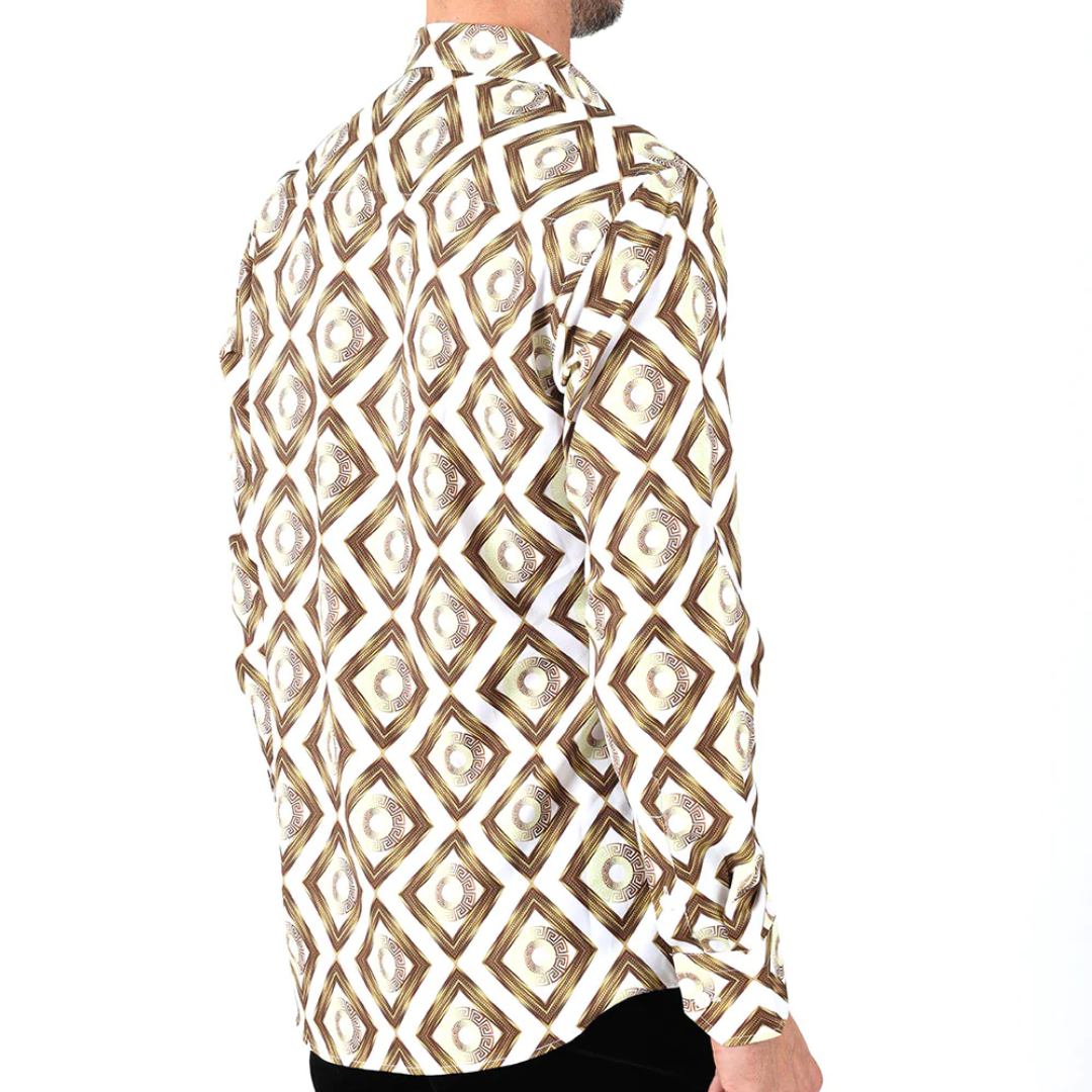 Men's Long Sleeve Button Down Dress Shirt White Black Gold Geometric Tribal All Over Pattern