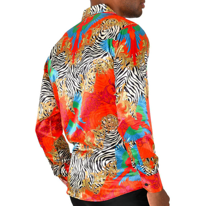 Men's Silky Long Sleeve Button Down Dress Shirt Colorful Zebra Leaf Rose