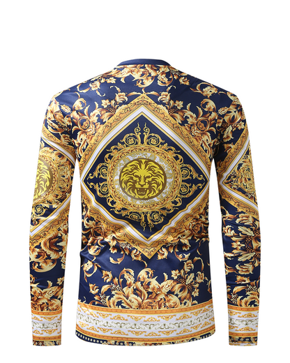 Men PREMIERE SLIM FIT Long Sleeve T SHIRT NAVY BLUE WHITE GOLD LION PRINT Designer Shirt